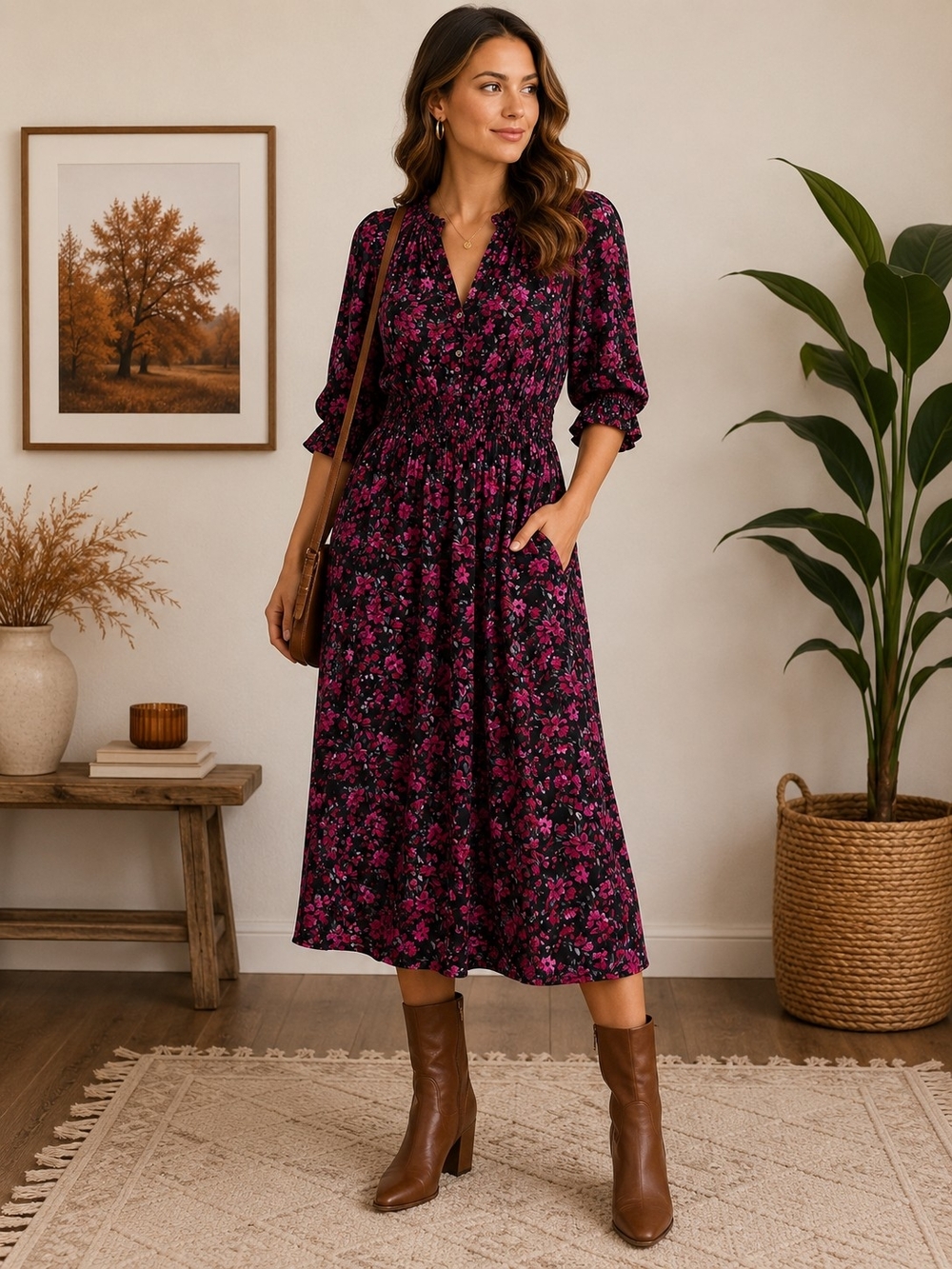 GAP Size Small Black Pink Floral Smocked Waist Midi Dress Puff Sleeve